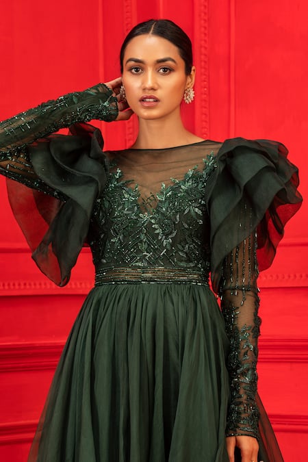 Buy_Mahima Mahajan_Green Net Embroidery Round Ruffle Gown _Online_at_Aza_Fashions
