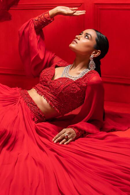 Mahima Mahajan_Red Net, Georgette, Shantoon Sweetheart Neck Lehenga Set_Online_at_Aza_Fashions