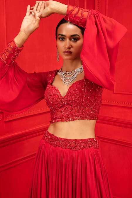 Buy_Mahima Mahajan_Red Net, Georgette, Shantoon Sweetheart Neck Lehenga Set_Online_at_Aza_Fashions