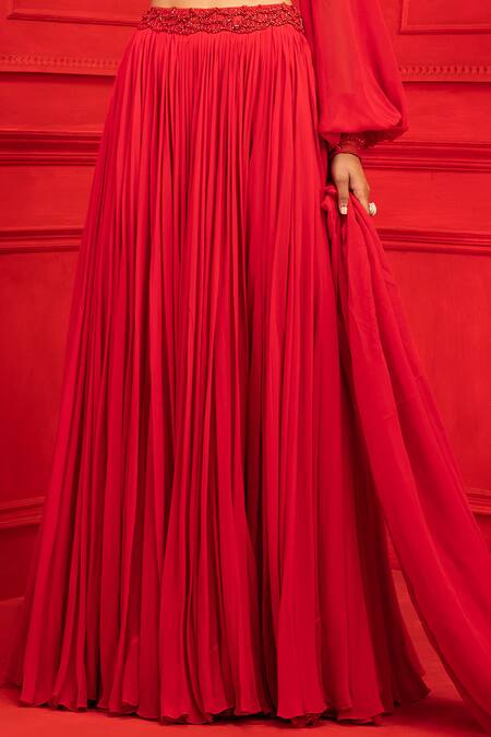 Shop_Mahima Mahajan_Red Net, Georgette, Shantoon Sweetheart Neck Lehenga Set_Online_at_Aza_Fashions