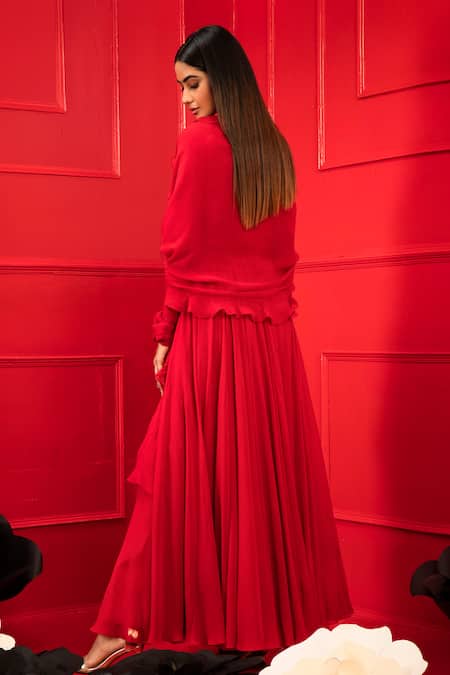 Shop_Mahima Mahajan_Red Net, Georgette, Shantoon V Neck Embroidered Anarkali With Ruffle Dupatta_at_Aza_Fashions