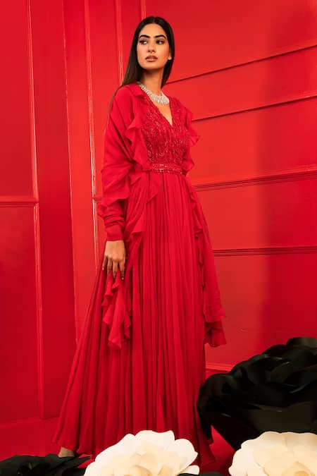 Mahima Mahajan_Red Net, Georgette, Shantoon V Neck Embroidered Anarkali With Ruffle Dupatta_Online_at_Aza_Fashions