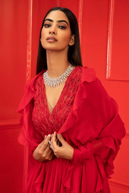 Buy_Mahima Mahajan_Red Net, Georgette, Shantoon V Neck Embroidered Anarkali With Ruffle Dupatta_Online_at_Aza_Fashions