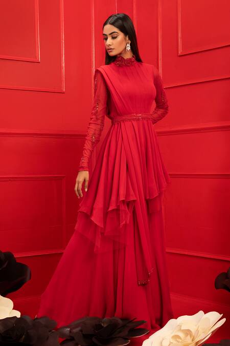 Shop_Mahima Mahajan_Red Net, Georgette, Shantoon High Neck Peplum Kurta And Palazzo Set_at_Aza_Fashions