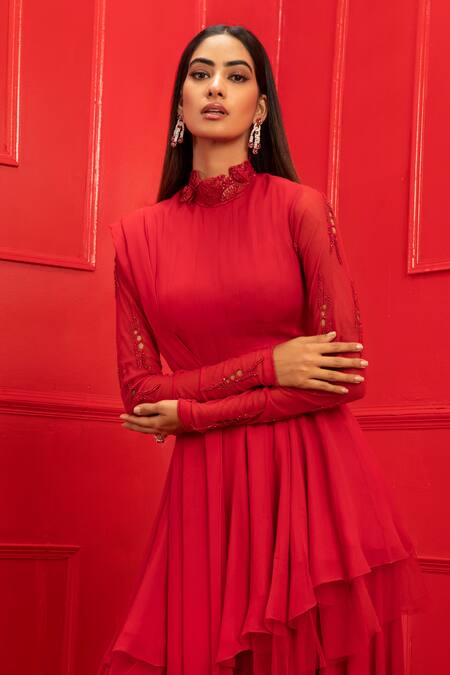 Buy_Mahima Mahajan_Red Net, Georgette, Shantoon High Neck Peplum Kurta And Palazzo Set_Online_at_Aza_Fashions
