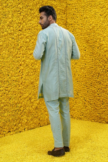 Shop_Mahima Mahajan_Blue Banarasi Chanderi, Glace Cotton Floral Feroza Jacket And Kurta Set _at_Aza_Fashions