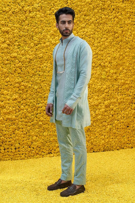 Mahima Mahajan_Blue Banarasi Chanderi, Glace Cotton Floral Feroza Jacket And Kurta Set _Online_at_Aza_Fashions