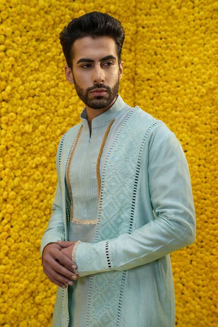 Buy_Mahima Mahajan_Blue Banarasi Chanderi, Glace Cotton Floral Feroza Jacket And Kurta Set _Online_at_Aza_Fashions