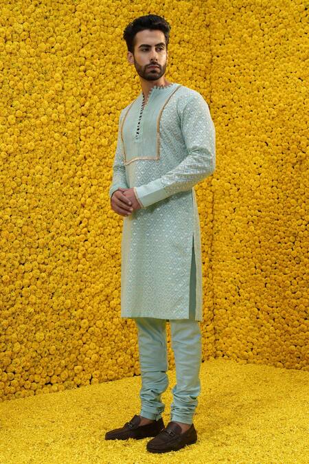 Mahima Mahajan_Blue Banarasi Chanderi, Glace Cotton Floral Omar Kurta Set _Online_at_Aza_Fashions