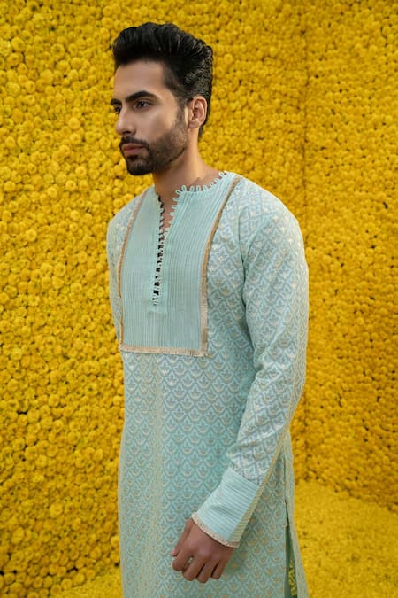 Buy_Mahima Mahajan_Blue Banarasi Chanderi, Glace Cotton Floral Omar Kurta Set _Online_at_Aza_Fashions