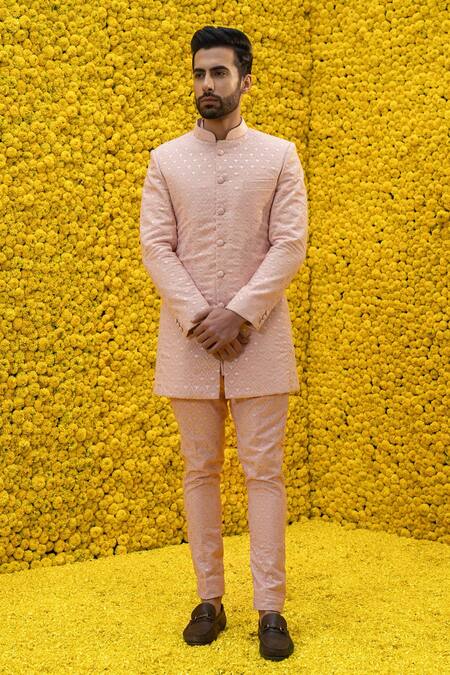 Mahima Mahajan Peach Banarasi Chanderi, Glace Cotton Floral Humza Sherwani Set Online at Aza Fashions Mahima Mahajan_Peach Banarasi Chanderi, Glace Cotton Floral Humza Sherwani Set _Online_at_Aza_Fashions