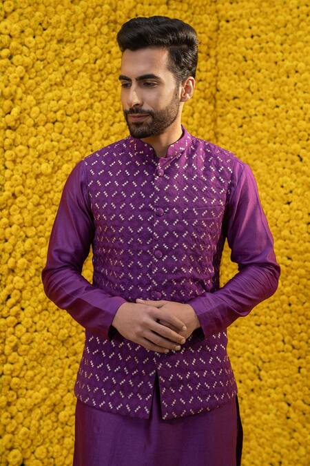 Buy_Mahima Mahajan_Purple Banarasi Chanderi, Glace Cotton Geometric Zaid Bundi And Kurta Set _Online_at_Aza_Fashions