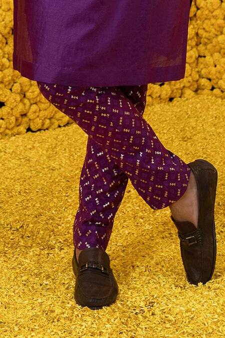 Shop_Mahima Mahajan_Purple Banarasi Chanderi, Glace Cotton Geometric Zaid Bundi And Kurta Set _Online_at_Aza_Fashions