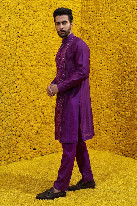 Mahima Mahajan_Purple Banarasi Chanderi, Glace Cotton Floral, Geometric Raana Kurta Set _Online_at_Aza_Fashions