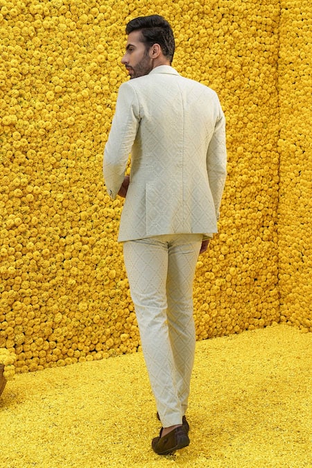 Shop Mahima Mahajan Green Banarasi Chanderi, Glace Cotton Floral Rab Blazer And Pant Set at Aza Fashions Shop_Mahima Mahajan_Green Banarasi Chanderi, Glace Cotton Floral Rab Blazer And Pant Set _at_Aza_Fashions