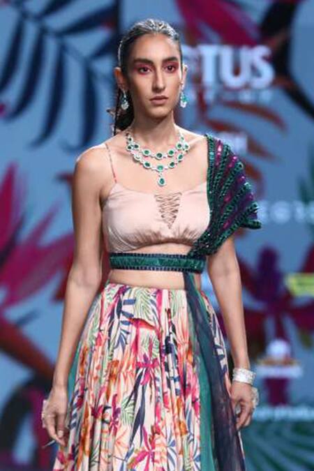 Mahima Mahajan_Beige Wrinkle Crepe U Neck Printed Lehenga Set_Online_at_Aza_Fashions