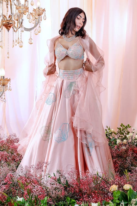 Buy_Mahima Mahajan_Pink Organza, Net, Satin Organza, Lining Rose Hand Embroidered Lehenga Set _Online_at_Aza_Fashions