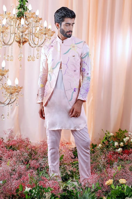 Mahima Mahajan_Pink Satin Organza, Textured And Glace Nicholas Embroidered Jacket And Kurta Set _Online_at_Aza_Fashions