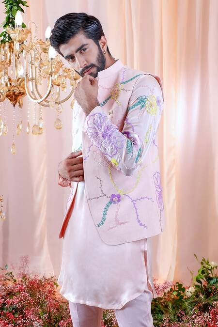 Buy_Mahima Mahajan_Pink Satin Organza, Textured And Glace Nicholas Embroidered Jacket And Kurta Set _Online_at_Aza_Fashions