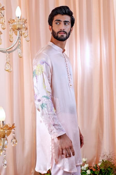 Mahima Mahajan_Pink Satin Organza, Glace Cotton Floral Kevin Embroidered Sleeve Kurta Set _Online_at_Aza_Fashions