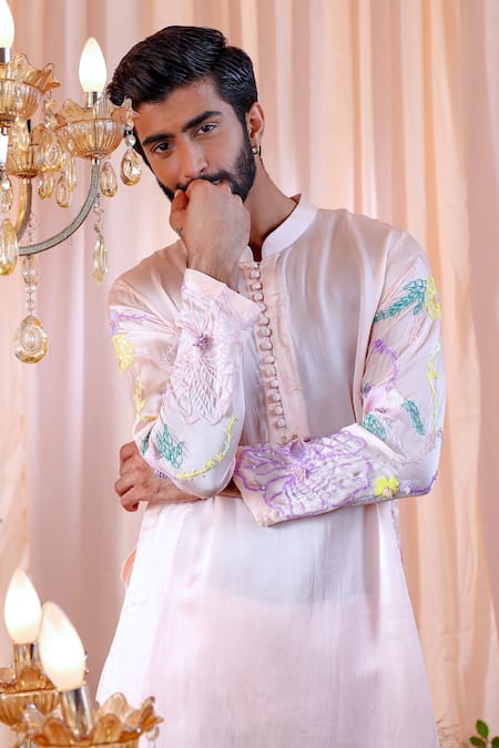 Buy_Mahima Mahajan_Pink Satin Organza, Glace Cotton Floral Kevin Embroidered Sleeve Kurta Set _Online_at_Aza_Fashions