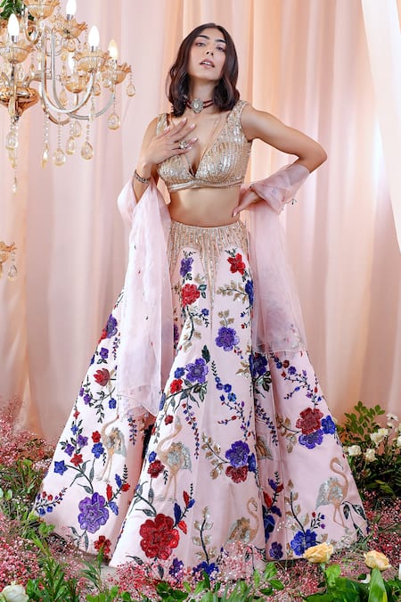 Buy_Mahima Mahajan_Pink Organza, Satin Organza, Lining Sophie Hand Embroidered Lehenga Set _Online_at_Aza_Fashions