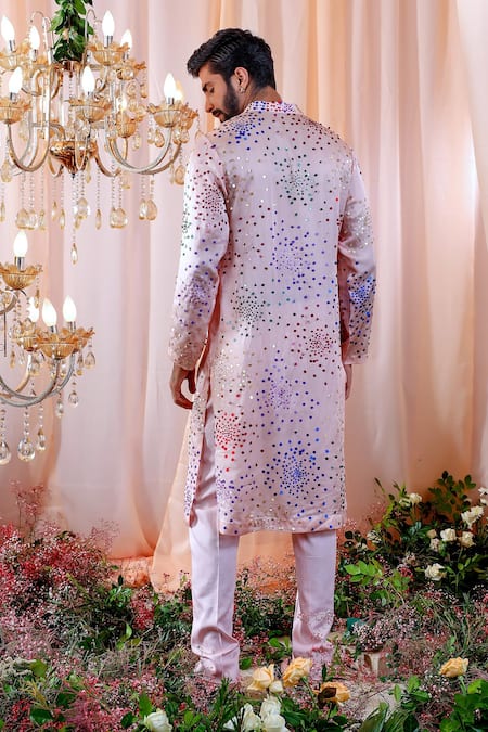 Shop Mahima Mahajan Pink Satin Organza, Glace Cotton Sequin Jules Embroidered Kurta Set at Aza Fashions Shop_Mahima Mahajan_Pink Satin Organza, Glace Cotton Sequin Jules Embroidered Kurta Set _at_Aza_Fashions