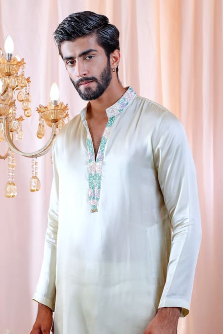 Mahima Mahajan_Green Satin Organza, Glace Cotton Floral Valentin Full Sleeve Kurta Set _Online_at_Aza_Fashions