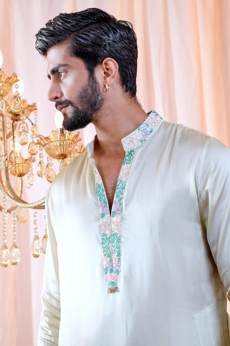 Buy_Mahima Mahajan_Green Satin Organza, Glace Cotton Floral Valentin Full Sleeve Kurta Set _Online_at_Aza_Fashions