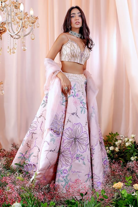 Buy_Mahima Mahajan_Pink Organza, Satin Organza, Lining Juliette Hand Embroidered Lehenga Set _Online_at_Aza_Fashions