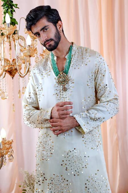 Buy_Mahima Mahajan_Green Satin Organza, Glace Cotton Sequin Leon Embroidered Kurta Set _Online_at_Aza_Fashions