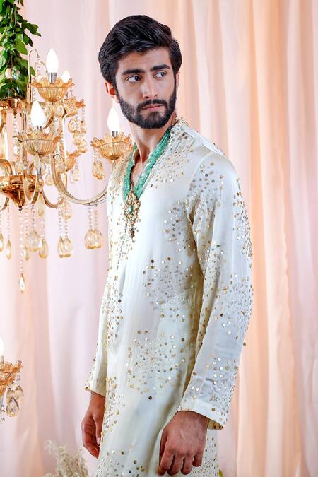 Shop_Mahima Mahajan_Green Satin Organza, Glace Cotton Sequin Leon Embroidered Kurta Set _Online_at_Aza_Fashions