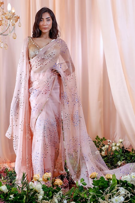 Mahima Mahajan Pink Organza, Lining Shantoon Sequins Elle Hand Embroidered Saree With Blouse Online at Aza Fashions Mahima Mahajan_Pink Organza, Lining Shantoon Sequins Elle Hand Embroidered Saree With Blouse _Online_at_Aza_Fashions