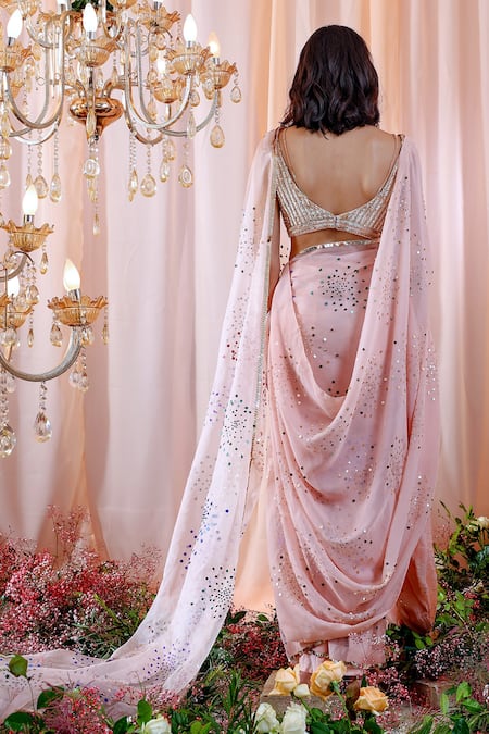 Shop Mahima Mahajan Pink Organza, Lining Shantoon Sequins Elle Hand Embroidered Saree With Blouse at Aza Fashions Shop_Mahima Mahajan_Pink Organza, Lining Shantoon Sequins Elle Hand Embroidered Saree With Blouse _at_Aza_Fashions