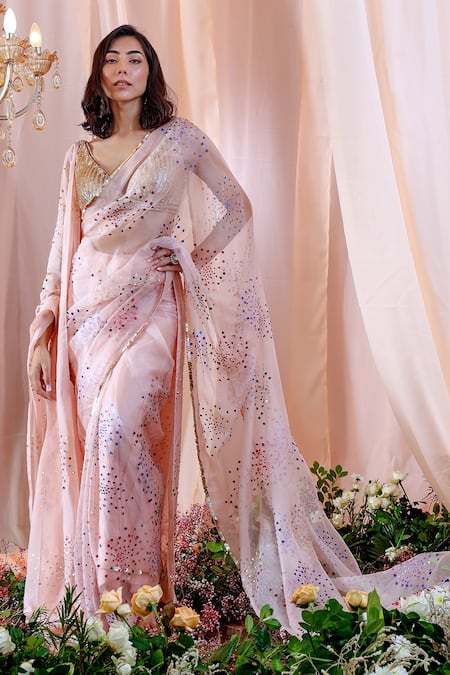 Buy Mahima Mahajan Pink Organza, Lining Shantoon Sequins Elle Hand Embroidered Saree With Blouse Online at Aza Fashions Buy_Mahima Mahajan_Pink Organza, Lining Shantoon Sequins Elle Hand Embroidered Saree With Blouse _Online_at_Aza_Fashions
