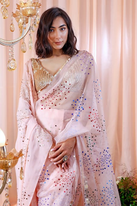 Mahima Mahajan Pink Organza, Lining Shantoon Sequins Elle Hand Embroidered Saree With Blouse at Aza Fashions Mahima Mahajan_Pink Organza, Lining Shantoon Sequins Elle Hand Embroidered Saree With Blouse _at_Aza_Fashions
