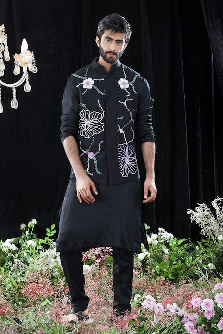 Mahima Mahajan Black Satin Organza Embroidered Floral Louis Bundi And Kurta Set 