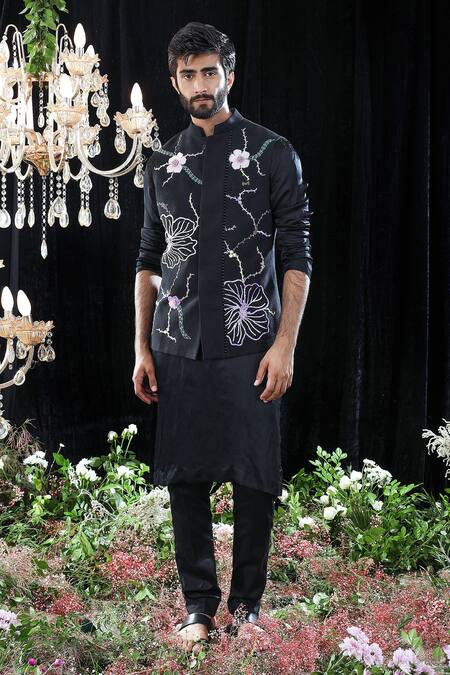 Mahima Mahajan_Black Satin Organza, Textured And Glace Louis Embroidered Bundi And Kurta Set _Online_at_Aza_Fashions