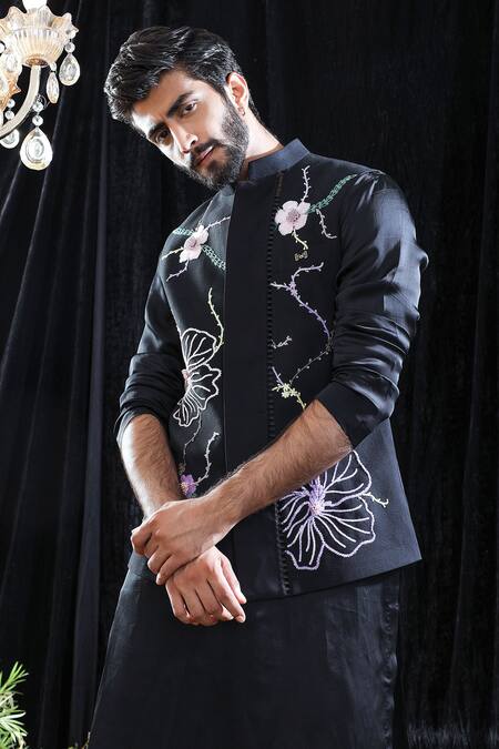 Buy_Mahima Mahajan_Black Satin Organza, Textured And Glace Louis Embroidered Bundi And Kurta Set _Online_at_Aza_Fashions