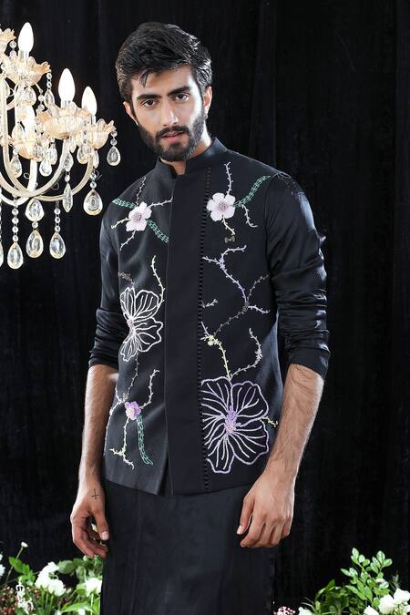 Shop_Mahima Mahajan_Black Satin Organza, Textured And Glace Louis Embroidered Bundi And Kurta Set _Online_at_Aza_Fashions