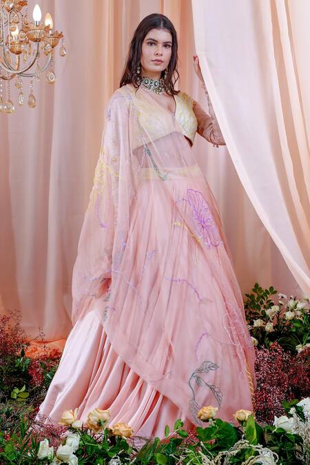 Buy_Mahima Mahajan_Pink Organza, Satin Organza, Lining Shantoon Floral Pattern Anna Lehenga Set _Online_at_Aza_Fashions