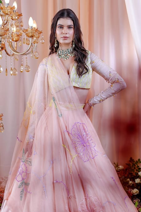 Mahima Mahajan_Pink Organza, Satin Organza, Lining Shantoon Floral Pattern Anna Lehenga Set _at_Aza_Fashions