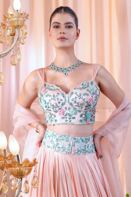 Buy_Mahima Mahajan_Pink Organza, Satin Organza, Lining Shantoon Floral Pattern Lucia Lehenga Set _Online_at_Aza_Fashions