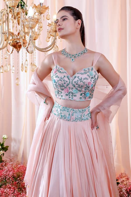 Shop_Mahima Mahajan_Pink Organza, Satin Organza, Lining Shantoon Floral Pattern Lucia Lehenga Set _Online_at_Aza_Fashions