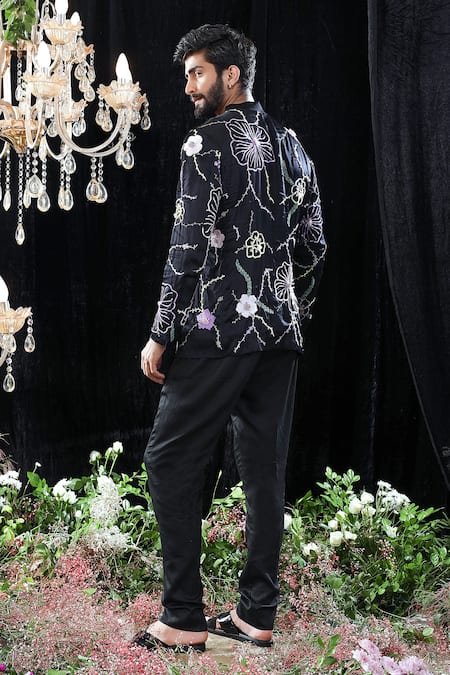 Shop Mahima Mahajan Black Satin Organza, Glace Cotton Floral Gabriel Embroidered Kurta Set at Aza Fashions Shop_Mahima Mahajan_Black Satin Organza, Glace Cotton Floral Gabriel Embroidered Kurta Set _at_Aza_Fashions