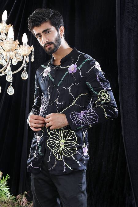 Buy Mahima Mahajan Black Satin Organza, Glace Cotton Floral Gabriel Embroidered Kurta Set Online at Aza Fashions Buy_Mahima Mahajan_Black Satin Organza, Glace Cotton Floral Gabriel Embroidered Kurta Set _Online_at_Aza_Fashions