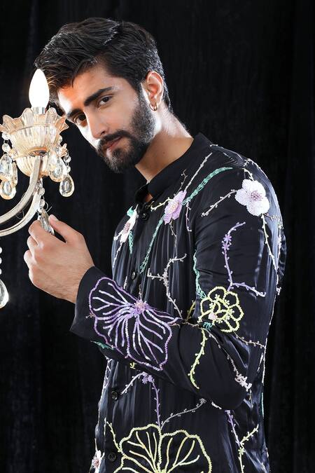 Shop Mahima Mahajan Black Satin Organza, Glace Cotton Floral Gabriel Embroidered Kurta Set Online at Aza Fashions Shop_Mahima Mahajan_Black Satin Organza, Glace Cotton Floral Gabriel Embroidered Kurta Set _Online_at_Aza_Fashions