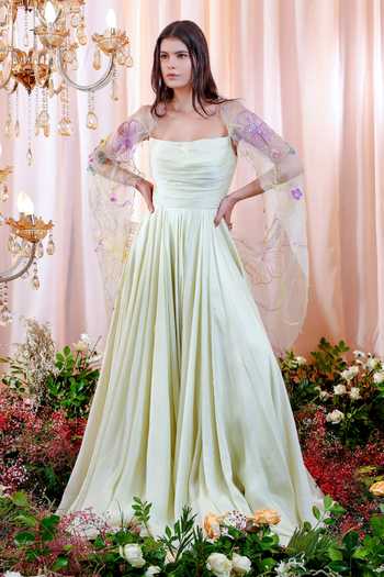 Mahima Mahajan_Blue Organza, Satin Organza, Lining Emma Hand Embroidered Cape With Anarkali _Online_at_Aza_Fashions