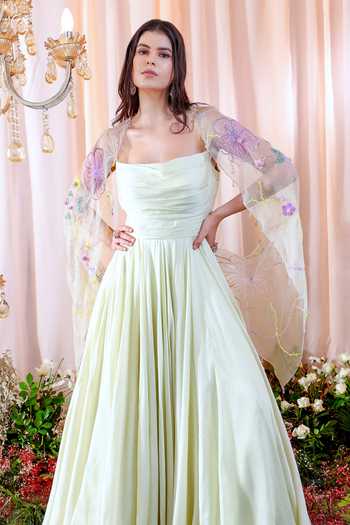 Shop_Mahima Mahajan_Blue Organza, Satin Organza, Lining Emma Hand Embroidered Cape With Anarkali _Online_at_Aza_Fashions