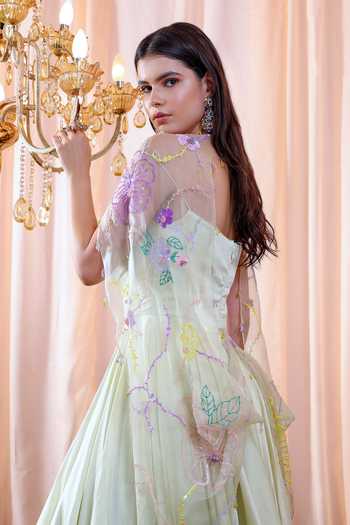 Mahima Mahajan_Blue Organza, Satin Organza, Lining Emma Hand Embroidered Cape With Anarkali _at_Aza_Fashions